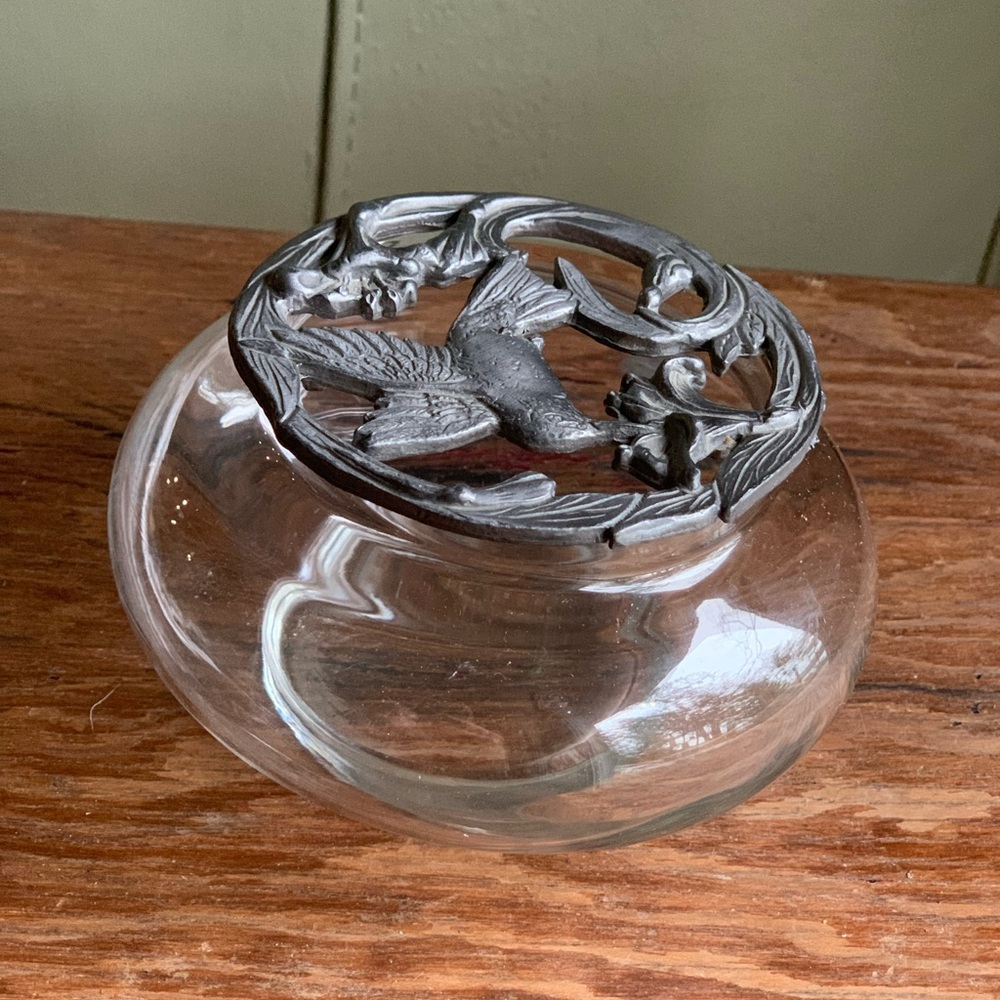 SEAGULL | Hummingbird with Flowers Pewter Topped Glass Potpourri/Trinket bowl.